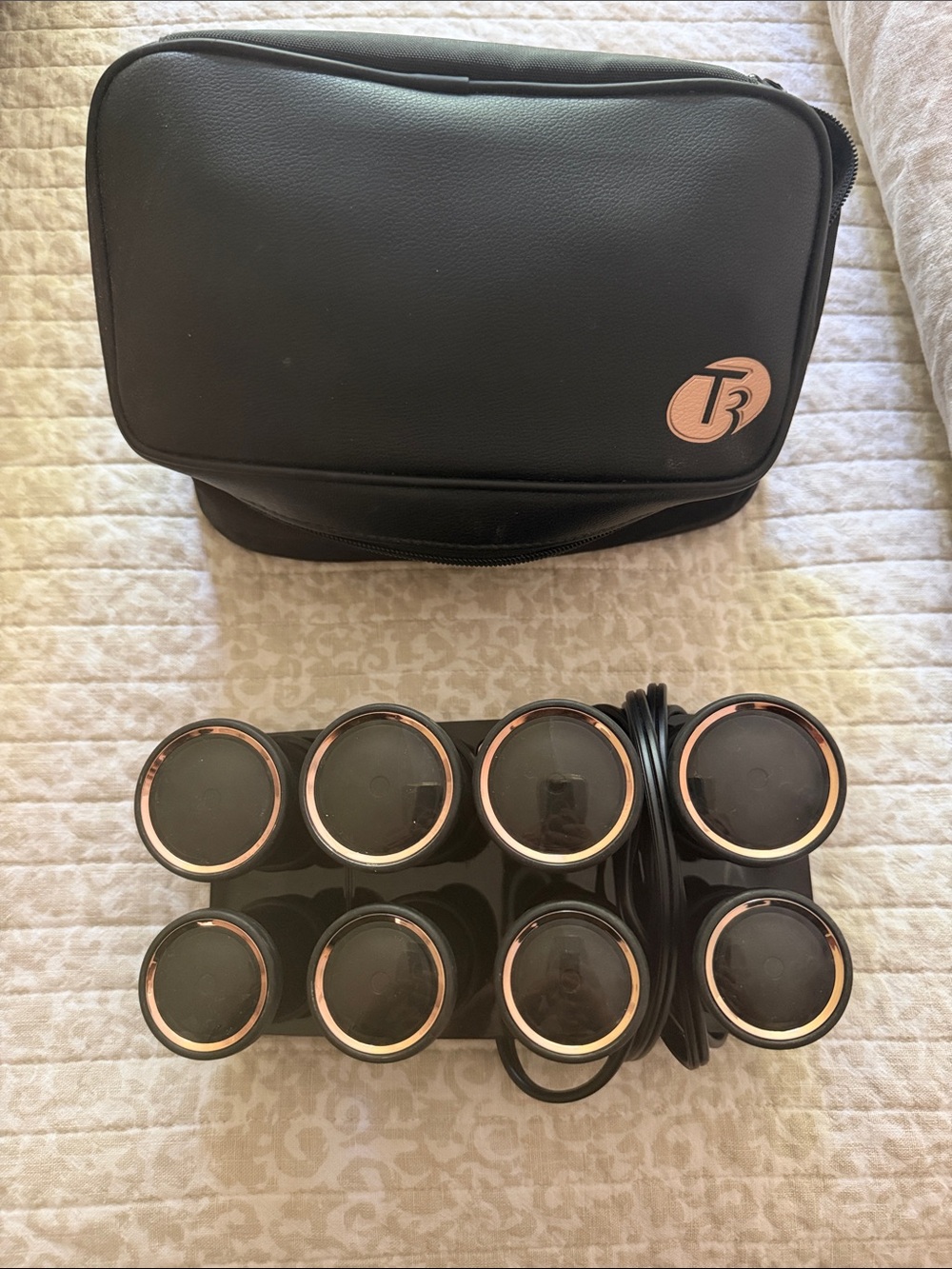 T3 Black and Rose Gold Heated Hair Rollers with Travel Case